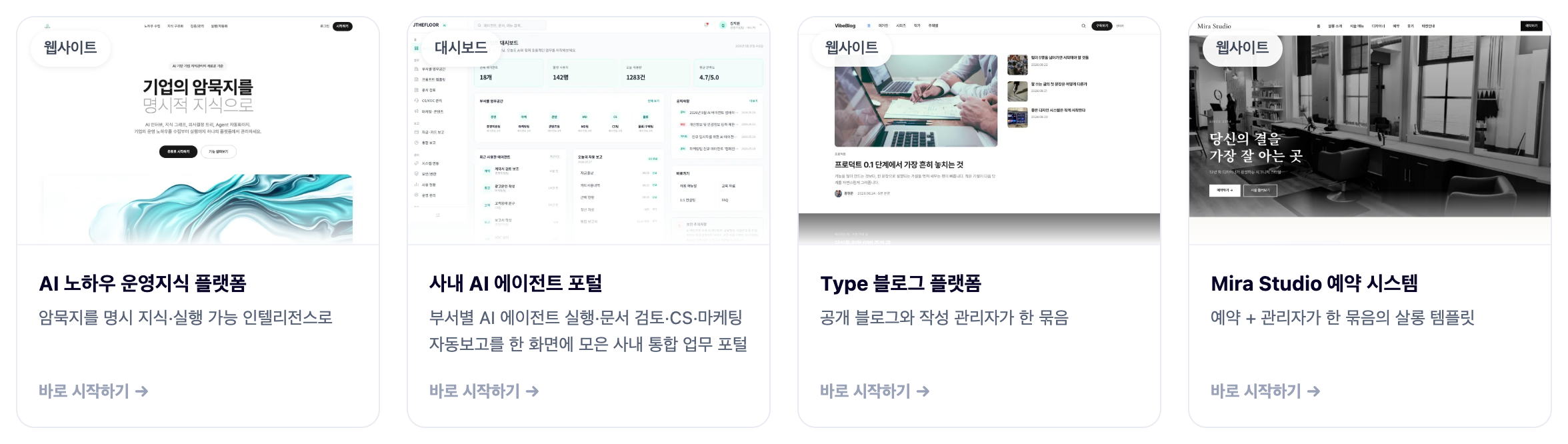 템플릿 목록. 카드마다 쓰임새 꼬리표와 한 줄 설명이 붙는다.